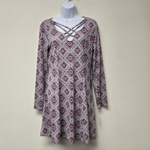 Mudd Strappy Crisscross Neck Sueded Jersey Fit Flare Long Sleeve Dress Purple L